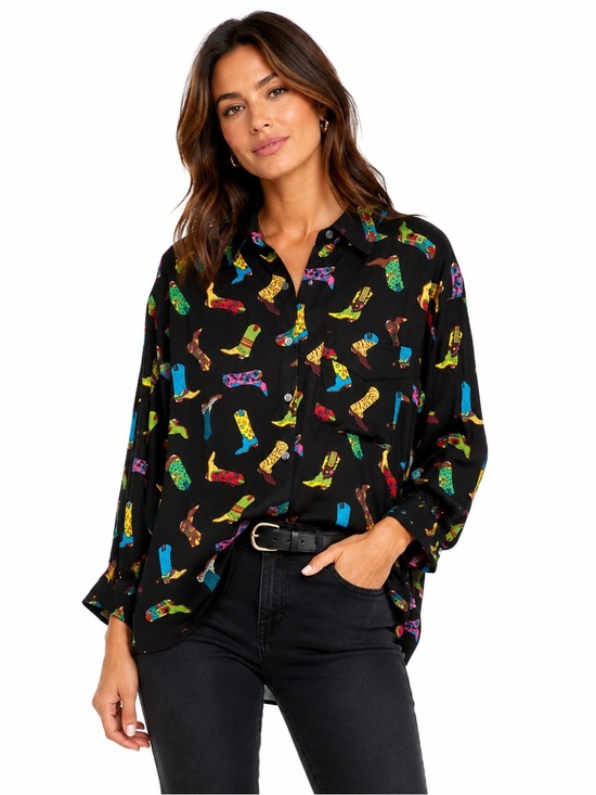 Two Two Tops - Two Two Silk Cowboy Boot Print Blouse Black Western Novelty Shirt L/XL